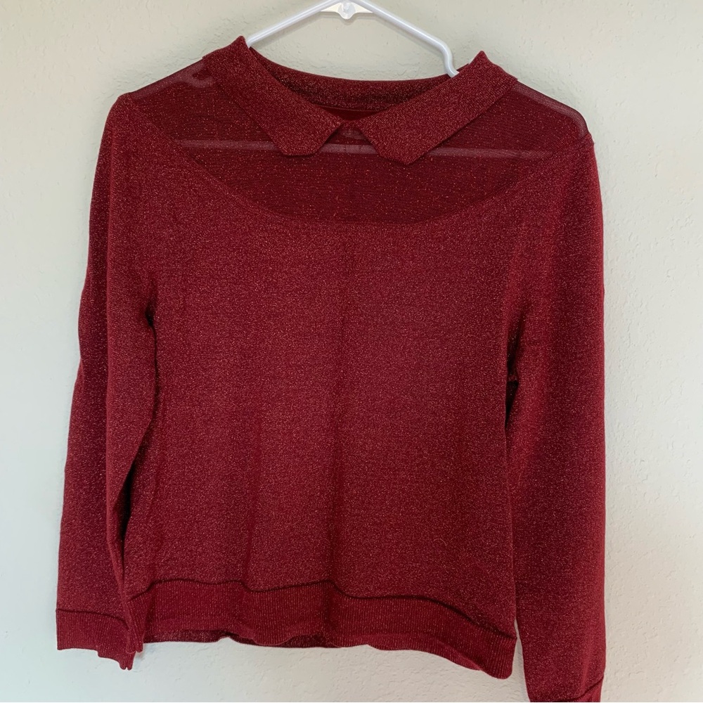 L'Orfeo‎ Red Burgundy Woven Collar Sparkle Jumper Mesh Size 14 Modern Festive